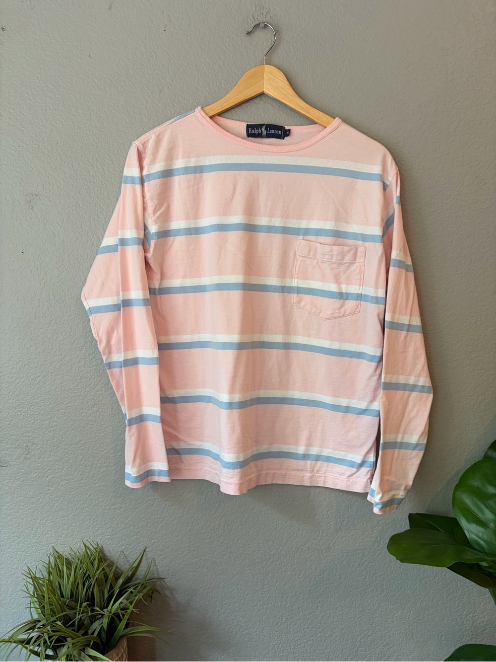 Ralph Lauren Pink with Light Blue & White Striped Long-Sleeve Tee Size Medium